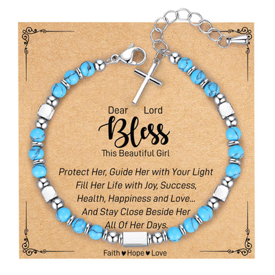 Eastern Mystiques Turquoise Bracelet Adjustable Stainless Steel Square Silver Bead Cross Pendant Pink Quartz Blue Turquoise Cross Chain Bracelet