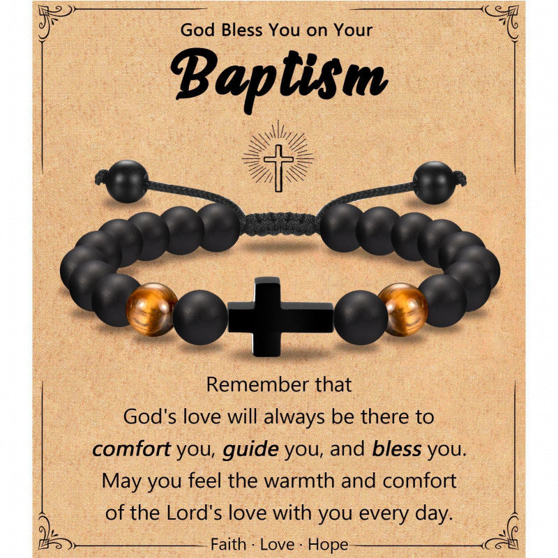 Eastern Mystiques Black Matte Beaded Bracelet Faith Cross Gift Adjustable Black Matte Tiger Eye Stone Cross Bracelet