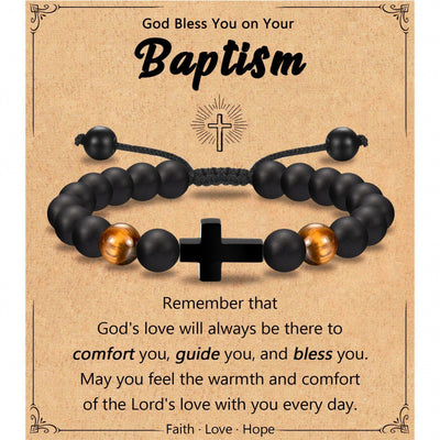 Eastern Mystiques Black Matte Beaded Bracelet Faith Cross Gift Adjustable Black Matte Tiger Eye Stone Cross Bracelet