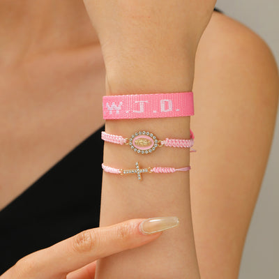 Eastern Mystiques Printed Letter WWJD Turquoise Cross Bracelet Pearl Pink Crystal Soft Clay Beaded Bracelet 5-Piece Set Jewelry for Women
