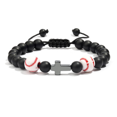 Eastern Mystiques Black Matte Sports Bracelet 8mm Black Matte Beads Black Gallstone Cross Woven Black Matte Baseball Bracelet