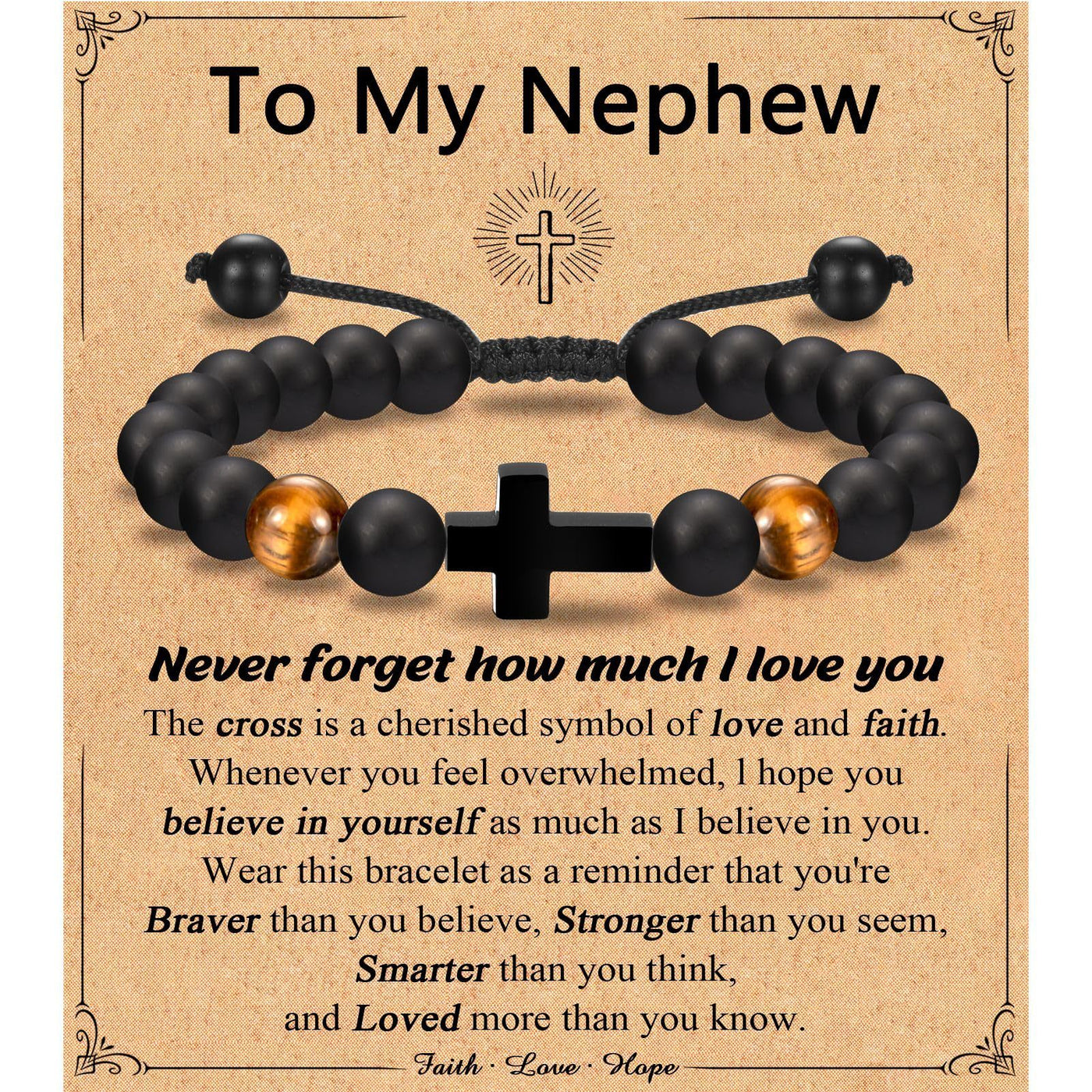 Eastern Mystiques Black Matte Beaded Bracelet Faith Cross Gift Adjustable Black Matte Tiger Eye Stone Cross Bracelet