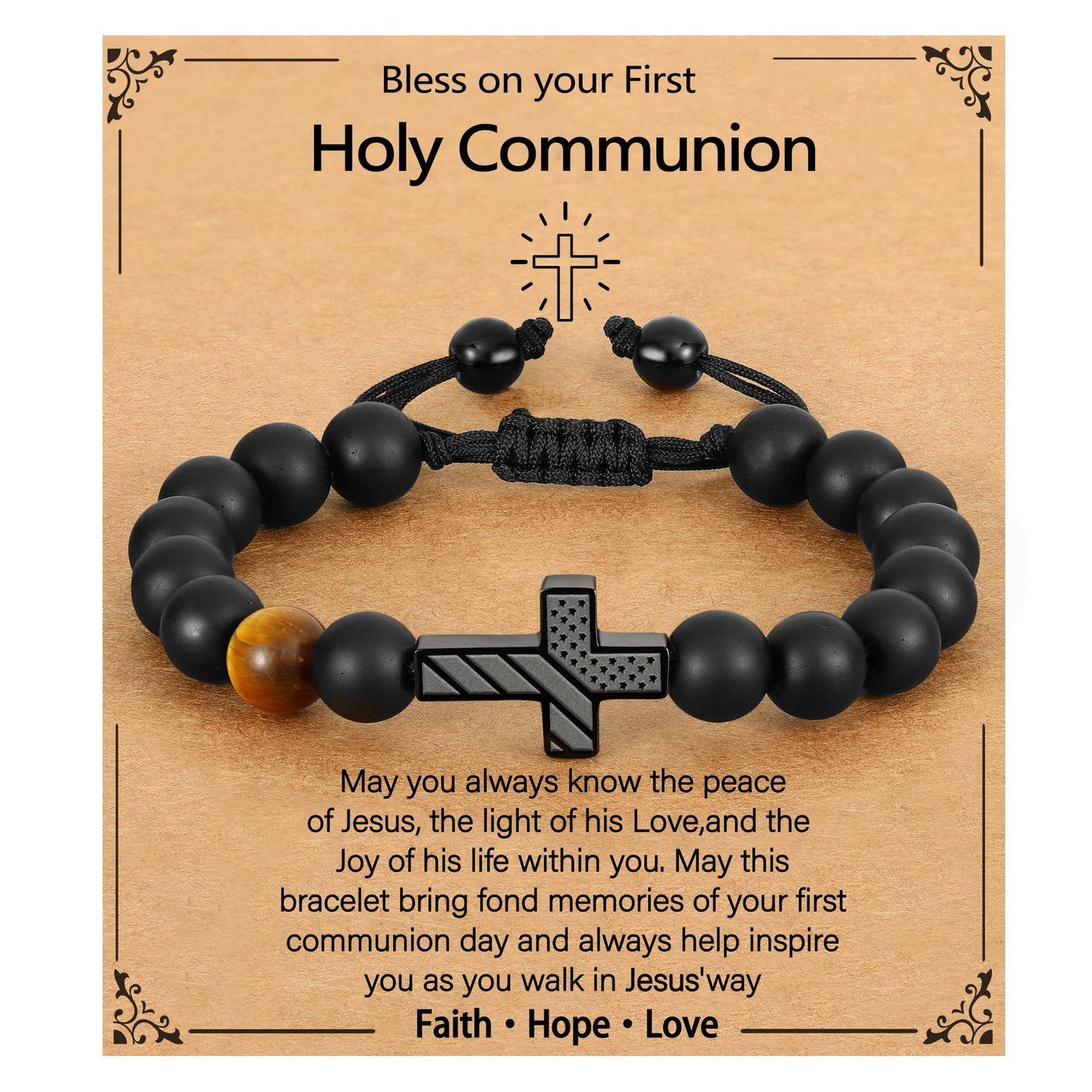 Eastern Mystiques Men's Black Onyx Bracelet American Flag Cross Woven Tiger Eye Stone Black Onyx Flag Cross Bracelet