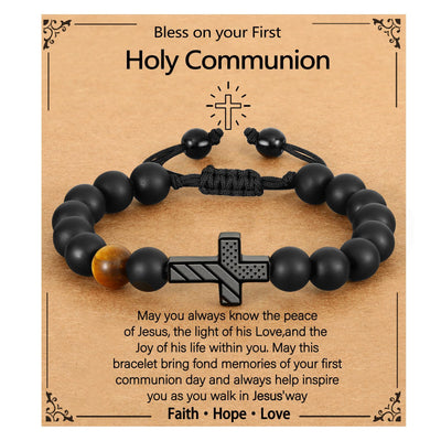 Eastern Mystiques Men's Black Onyx Bracelet American Flag Cross Woven Tiger Eye Stone Black Onyx Flag Cross Bracelet