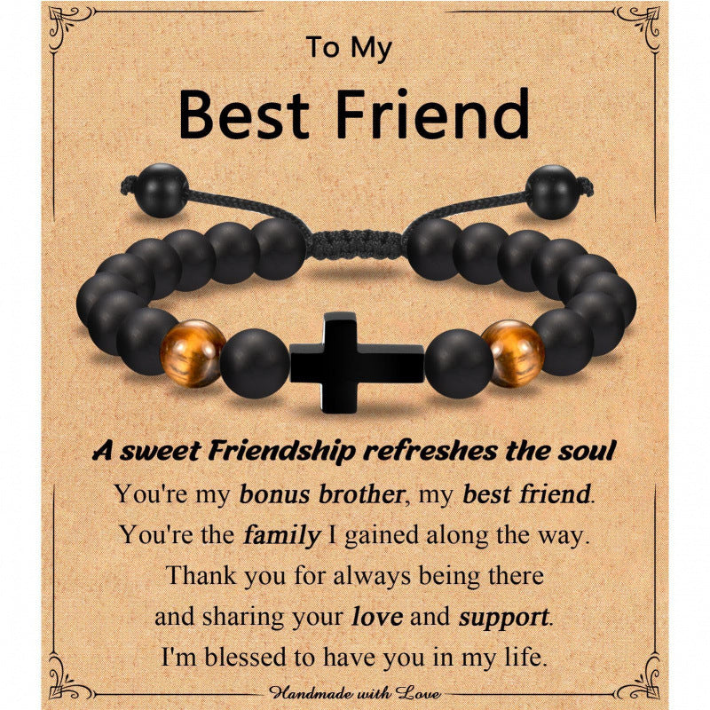 Eastern Mystiques Black Matte Beaded Bracelet Faith Cross Gift Adjustable Black Matte Tiger Eye Stone Cross Bracelet