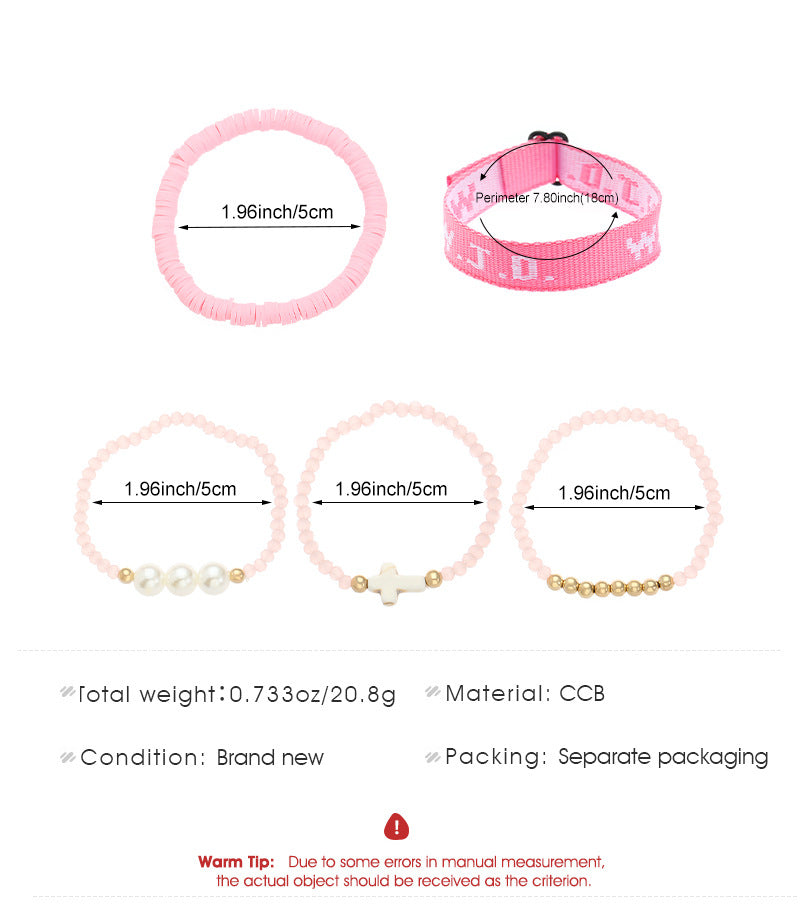 Eastern Mystiques Printed Letter WWJD Turquoise Cross Bracelet Pearl Pink Crystal Soft Clay Beaded Bracelet 5-Piece Set Jewelry for Women