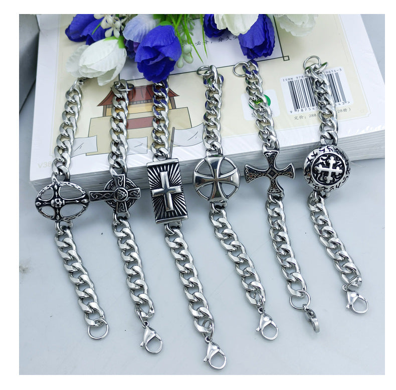 Eastern Mystiques 2025 Stainless Steel Hip-Hop Blackened Retro Men's Cross Bracelet Personality Trend Geometric Cool Style Hot Item