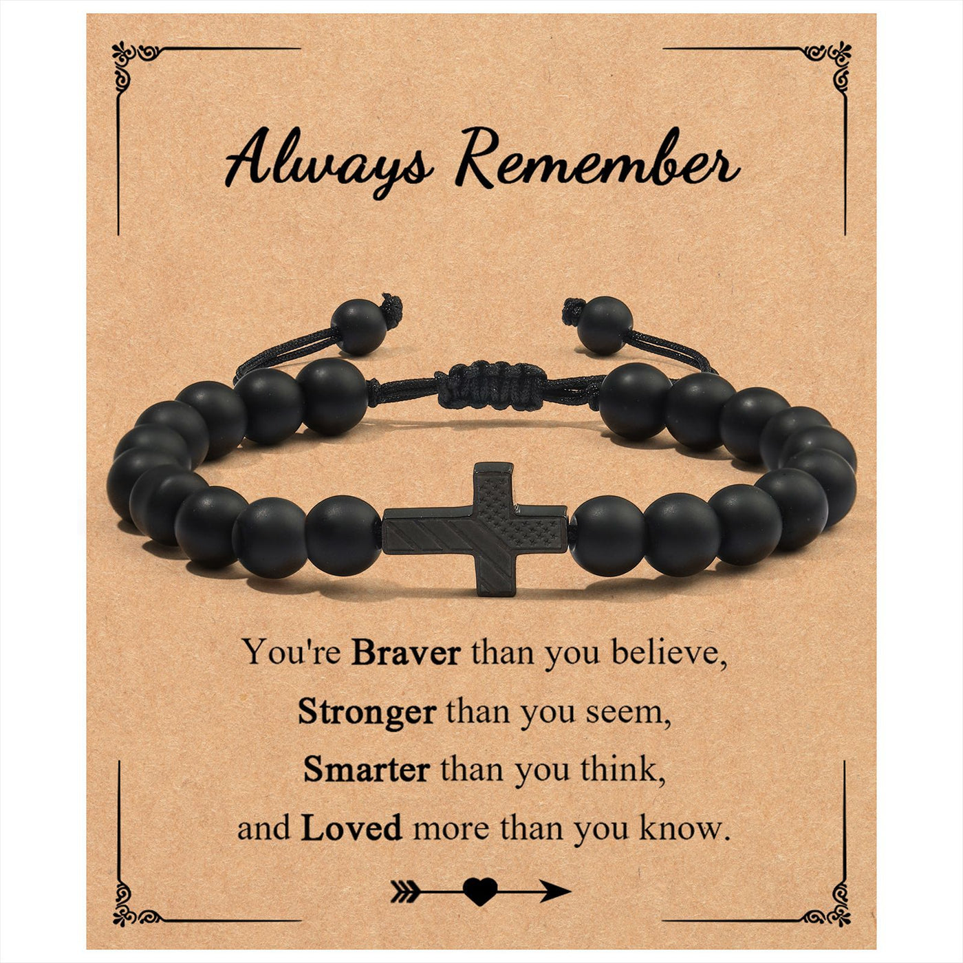 Eastern Mystiques Men's Black Onyx Bracelet American Flag Cross Woven Tiger Eye Stone Black Onyx Flag Cross Bracelet