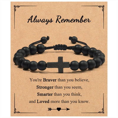 Eastern Mystiques Men's Black Onyx Bracelet American Flag Cross Woven Tiger Eye Stone Black Onyx Flag Cross Bracelet
