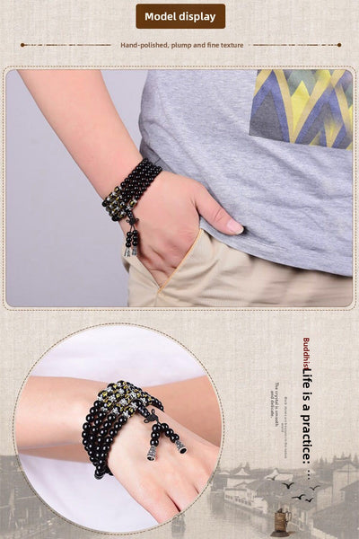Eastern Mystiques Obsidian Synthetic Bracelet 108 Beads Buddhist Prayer Beads Multi-layer Bracelet Six-word Mantra Tiger Eye Stone Unisex Couple Jewelry