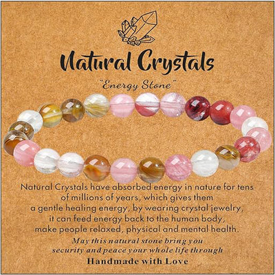 Eastern Mystiques Natural Stone Bracelet Handmade Beaded Pink Zebra Amethyst Elastic Cord Jewelry Card Accessories