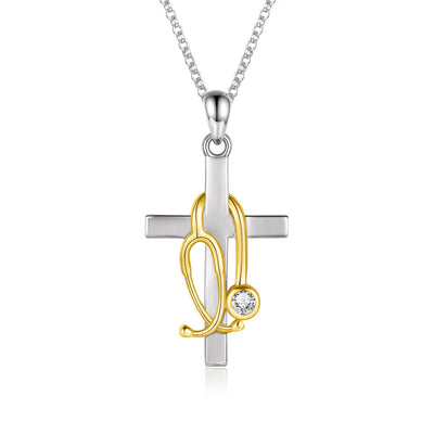 Eastern Mystiques Women's Cross Necklace Steel Color Cross Gemstone Inlaid Rose Gold Stethoscope Cross Stethoscope Necklace