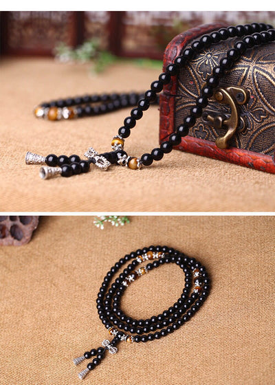 Eastern Mystiques Obsidian Synthetic Bracelet 108 Beads Buddhist Prayer Beads Multi-layer Bracelet Six-word Mantra Tiger Eye Stone Unisex Couple Jewelry