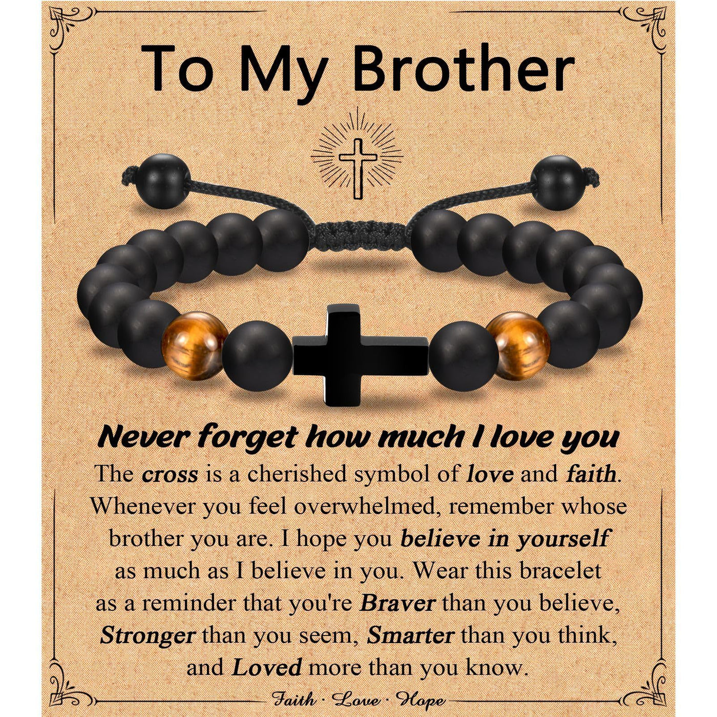 Eastern Mystiques Black Matte Beaded Bracelet Faith Cross Gift Adjustable Black Matte Tiger Eye Stone Cross Bracelet