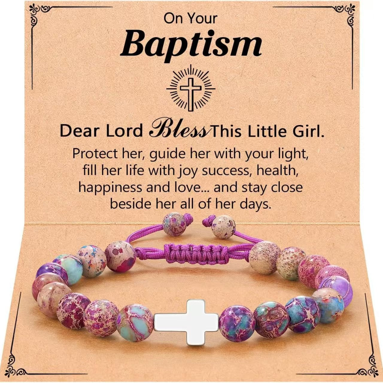 Eastern Mystiques Purple Flower Emperor Stone Woven Bracelet 8mm Adjustable Alloy Cross Pendant Emperor Stone Cross Bracelet