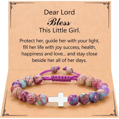 Eastern Mystiques Purple Flower Emperor Stone Woven Bracelet 8mm Adjustable Alloy Cross Pendant Emperor Stone Cross Bracelet