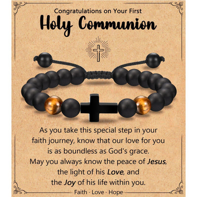 Eastern Mystiques Black Matte Beaded Bracelet Faith Cross Gift Adjustable Black Matte Tiger Eye Stone Cross Bracelet