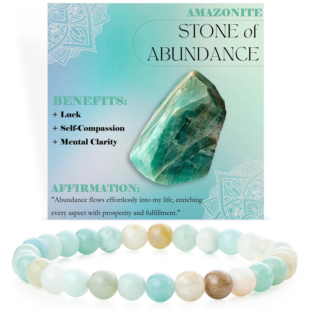 Eastern Mystiques 6mm Natural Stone Obsidian Amazonite Beaded Bracelet Elastic Cord Bracelet with Card