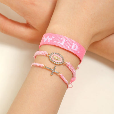 Eastern Mystiques Printed Letter WWJD Turquoise Cross Bracelet Pearl Pink Crystal Soft Clay Beaded Bracelet 5-Piece Set Jewelry for Women