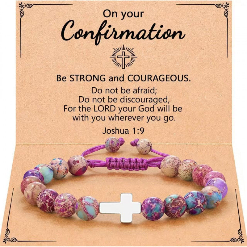 Eastern Mystiques Purple Flower Emperor Stone Woven Bracelet 8mm Adjustable Alloy Cross Pendant Emperor Stone Cross Bracelet