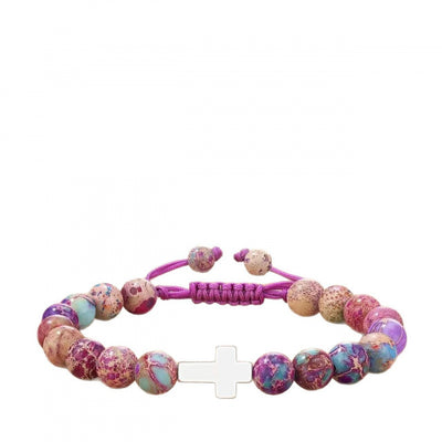 Eastern Mystiques Purple Flower Emperor Stone Woven Bracelet 8mm Adjustable Alloy Cross Pendant Emperor Stone Cross Bracelet