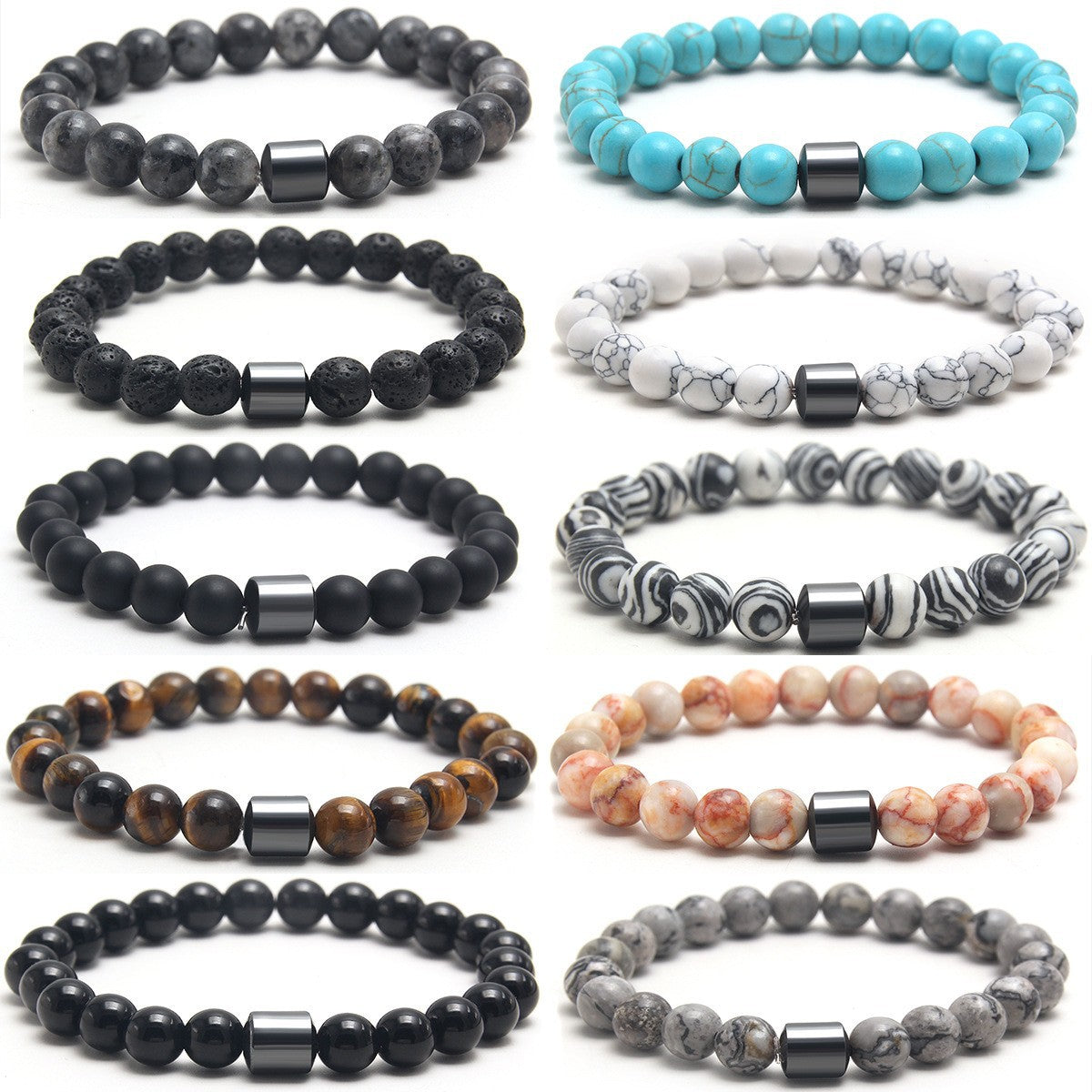 Eastern Mystiques Black Gallstone Volcanic Stone Tiger Eye Stone 8mm Natural Stone Beaded Bracelet Elastic Cord Bracelet