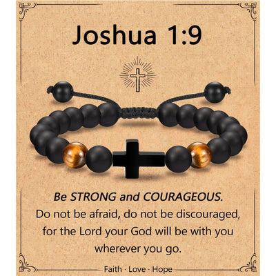 Eastern Mystiques Black Matte Beaded Bracelet Faith Cross Gift Adjustable Black Matte Tiger Eye Stone Cross Bracelet