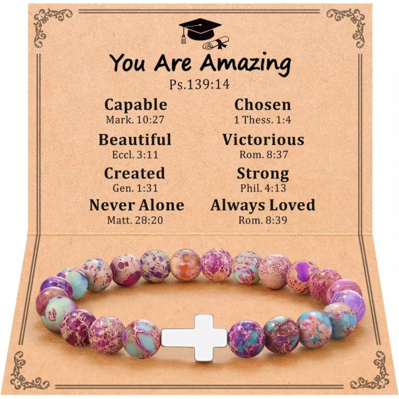 Eastern Mystiques Purple Flower Emperor Stone Woven Bracelet 8mm Adjustable Alloy Cross Pendant Emperor Stone Cross Bracelet