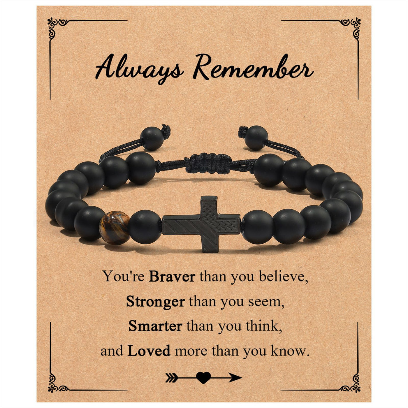 Eastern Mystiques Men's Black Onyx Bracelet American Flag Cross Woven Tiger Eye Stone Black Onyx Flag Cross Bracelet