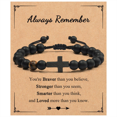 Eastern Mystiques Men's Black Onyx Bracelet American Flag Cross Woven Tiger Eye Stone Black Onyx Flag Cross Bracelet