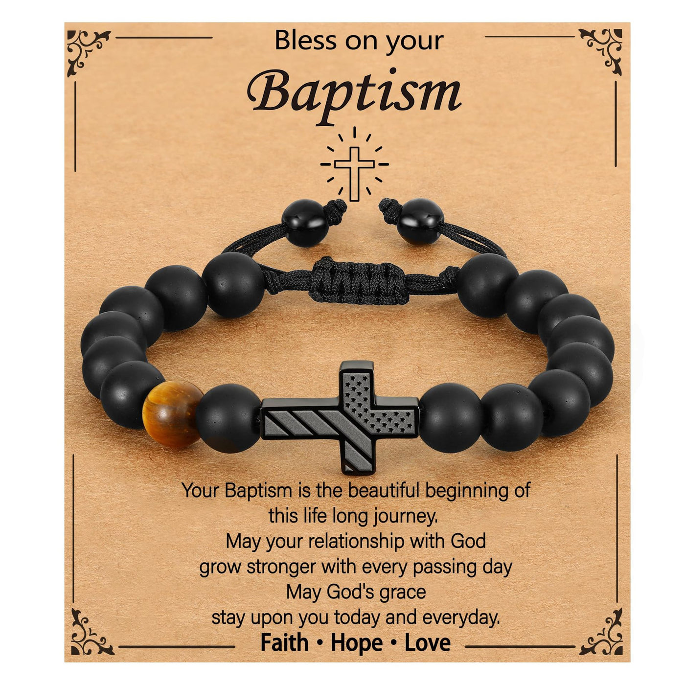 Eastern Mystiques Men's Black Onyx Bracelet American Flag Cross Woven Tiger Eye Stone Black Onyx Flag Cross Bracelet