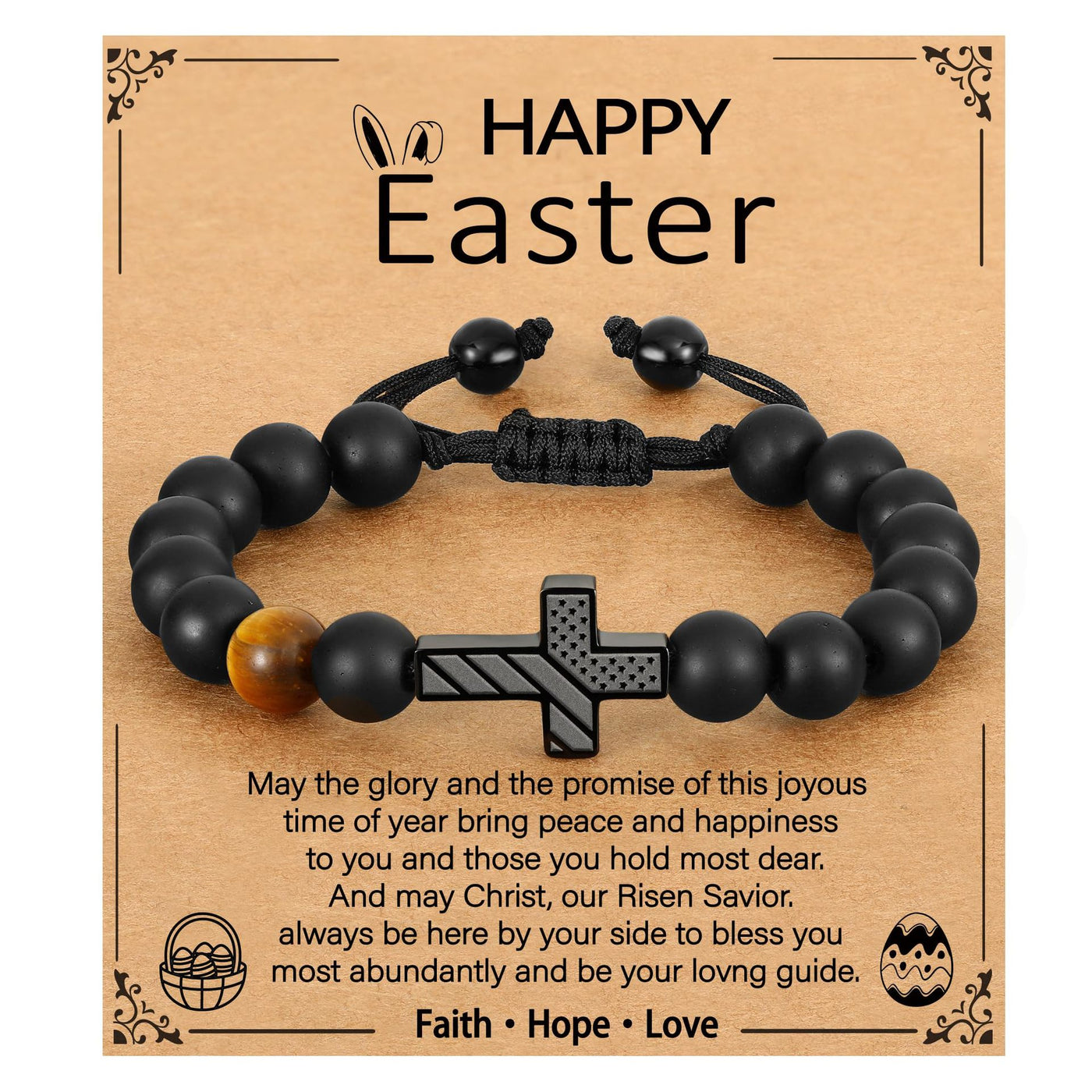 Eastern Mystiques Men's Black Onyx Bracelet American Flag Cross Woven Tiger Eye Stone Black Onyx Flag Cross Bracelet