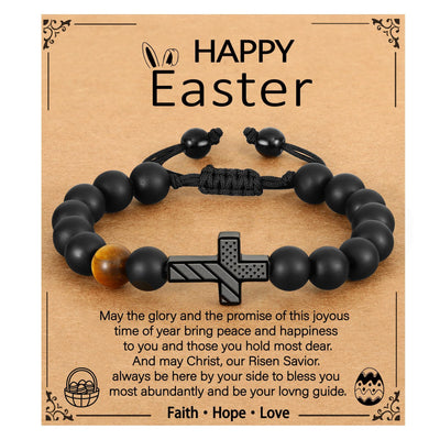 Eastern Mystiques Men's Black Onyx Bracelet American Flag Cross Woven Tiger Eye Stone Black Onyx Flag Cross Bracelet
