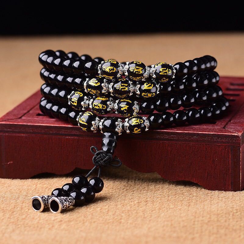 Eastern Mystiques Obsidian Synthetic Bracelet 108 Beads Buddhist Prayer Beads Multi-layer Bracelet Six-word Mantra Tiger Eye Stone Unisex Couple Jewelry