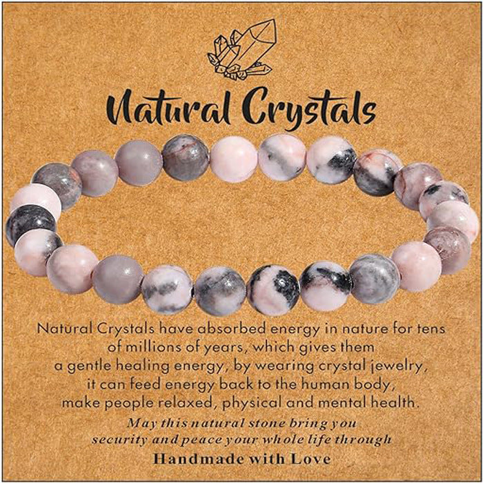 Eastern Mystiques Natural Stone Bracelet Handmade Beaded Pink Zebra Amethyst Elastic Cord Jewelry Card Accessories