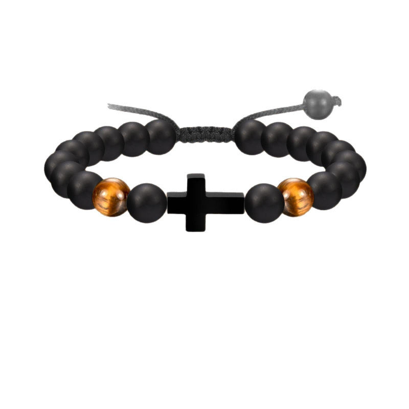 Eastern Mystiques Black Matte Beaded Bracelet Faith Cross Gift Adjustable Black Matte Tiger Eye Stone Cross Bracelet