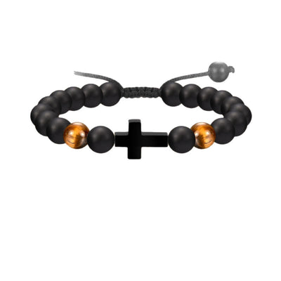 Eastern Mystiques Black Matte Beaded Bracelet Faith Cross Gift Adjustable Black Matte Tiger Eye Stone Cross Bracelet