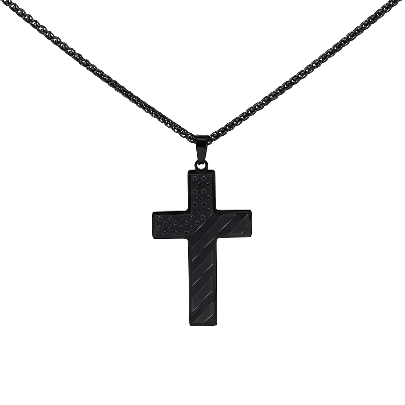 Eastern Mystiques National Flag Cross Necklace Father's Day Gift Black Chain Stainless Steel Pendant Faith Cross National Flag Necklace