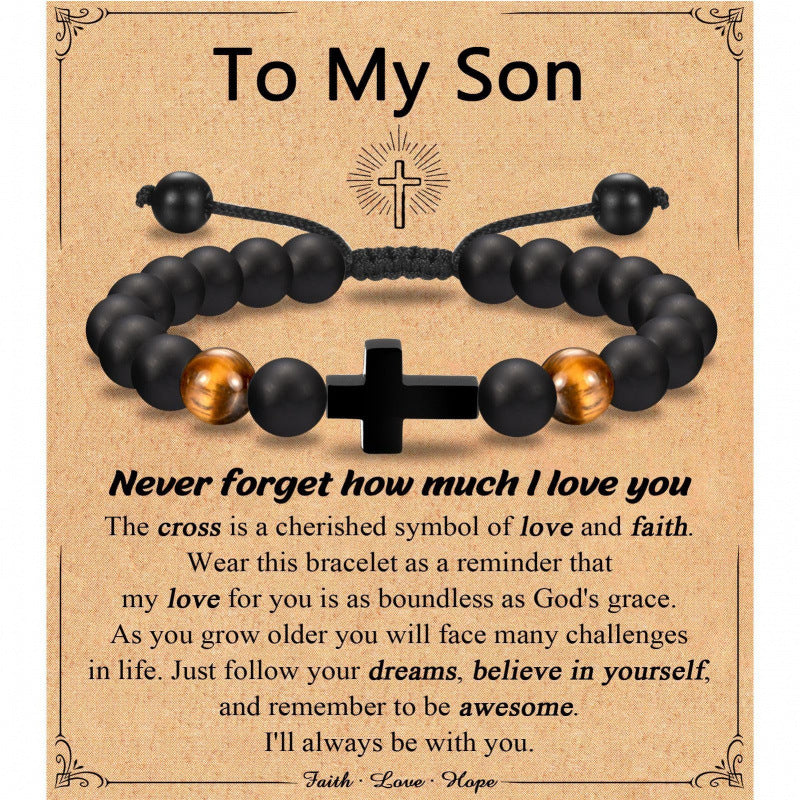 Eastern Mystiques Black Matte Beaded Bracelet Faith Cross Gift Adjustable Black Matte Tiger Eye Stone Cross Bracelet