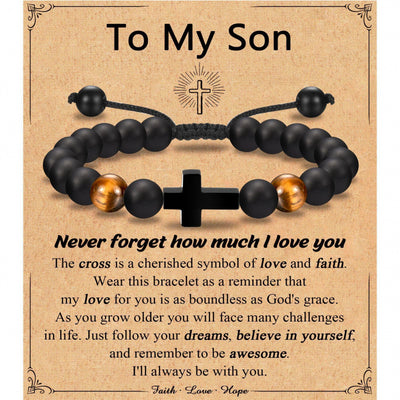 Eastern Mystiques Black Matte Beaded Bracelet Faith Cross Gift Adjustable Black Matte Tiger Eye Stone Cross Bracelet