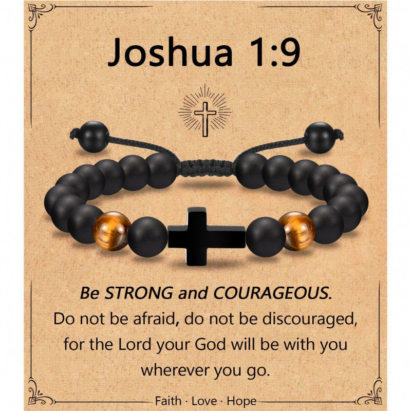 Eastern Mystiques Black Matte Beaded Bracelet Faith Cross Gift Adjustable Black Matte Tiger Eye Stone Cross Bracelet