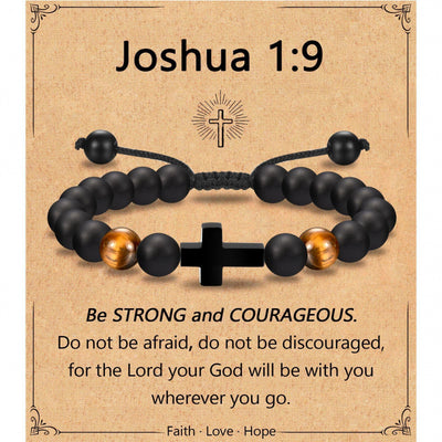 Eastern Mystiques Black Matte Beaded Bracelet Faith Cross Gift Adjustable Black Matte Tiger Eye Stone Cross Bracelet