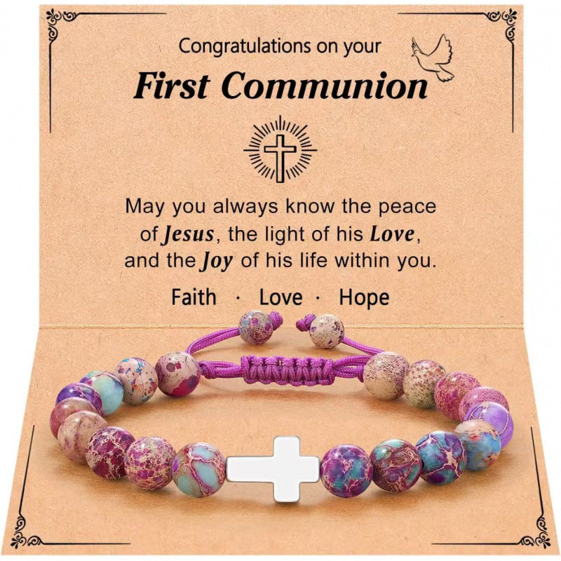 Eastern Mystiques Purple Flower Emperor Stone Woven Bracelet 8mm Adjustable Alloy Cross Pendant Emperor Stone Cross Bracelet