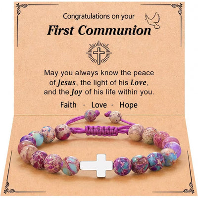 Eastern Mystiques Purple Flower Emperor Stone Woven Bracelet 8mm Adjustable Alloy Cross Pendant Emperor Stone Cross Bracelet