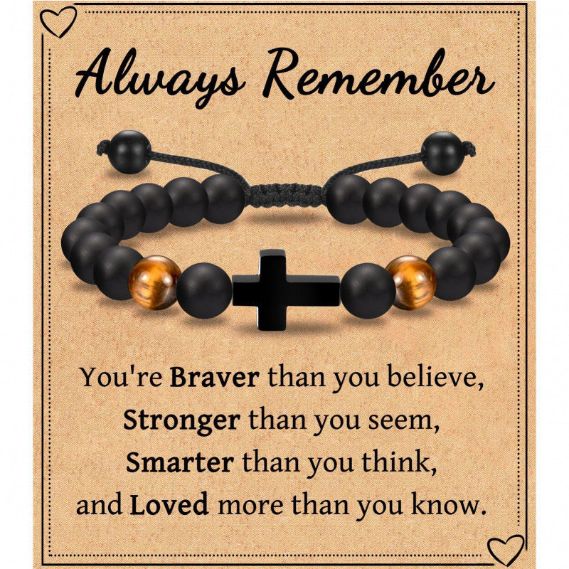 Eastern Mystiques Black Matte Beaded Bracelet Faith Cross Gift Adjustable Black Matte Tiger Eye Stone Cross Bracelet
