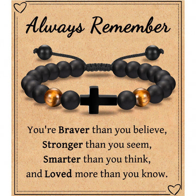 Eastern Mystiques Black Matte Beaded Bracelet Faith Cross Gift Adjustable Black Matte Tiger Eye Stone Cross Bracelet