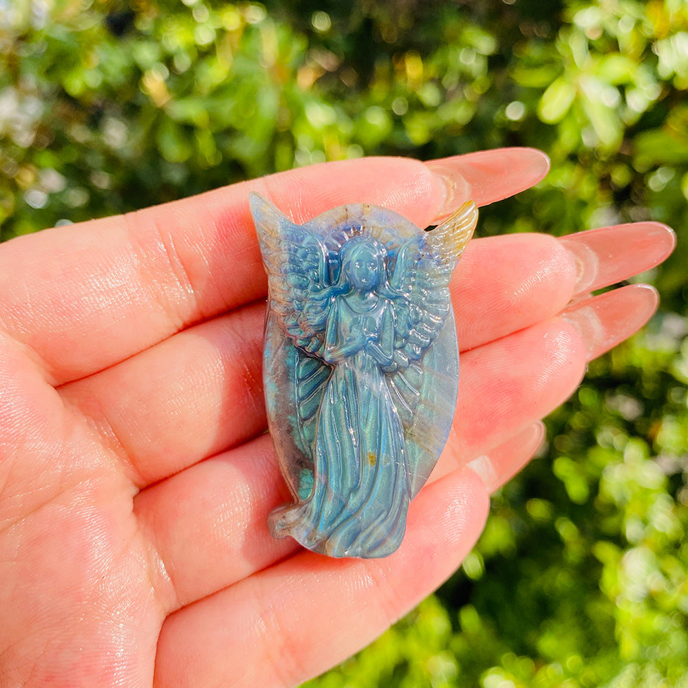 Eastern Mystiques Wholesale Natural Labradorite Carvings European and American Hot-Selling Angel Butterfly Pendant Ornaments Gray Moonstone