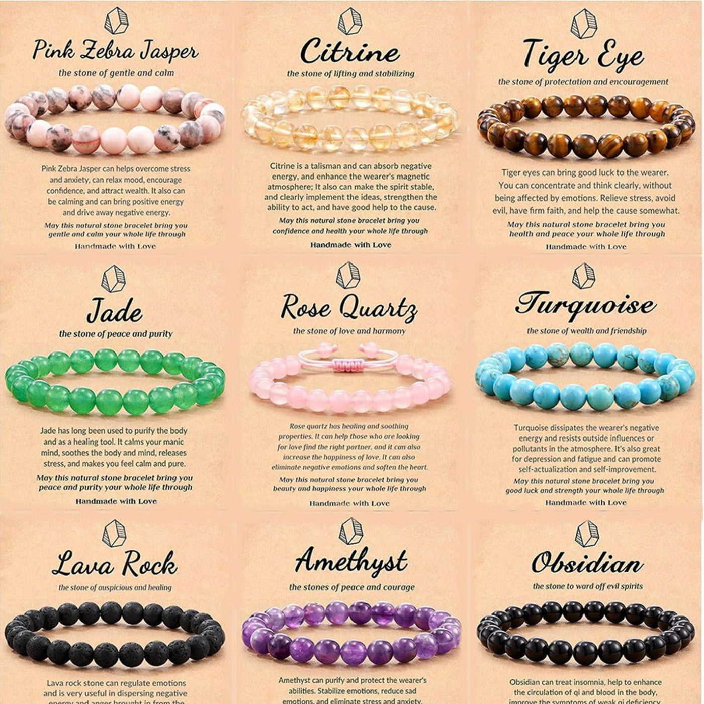 Eastern Mystiques Hot Selling Natural Stone with Card Paper Beaded Elastic Cord Bracelet Crystal Agate Tiger Eye Stone Wholesale Bracelet Jewelry