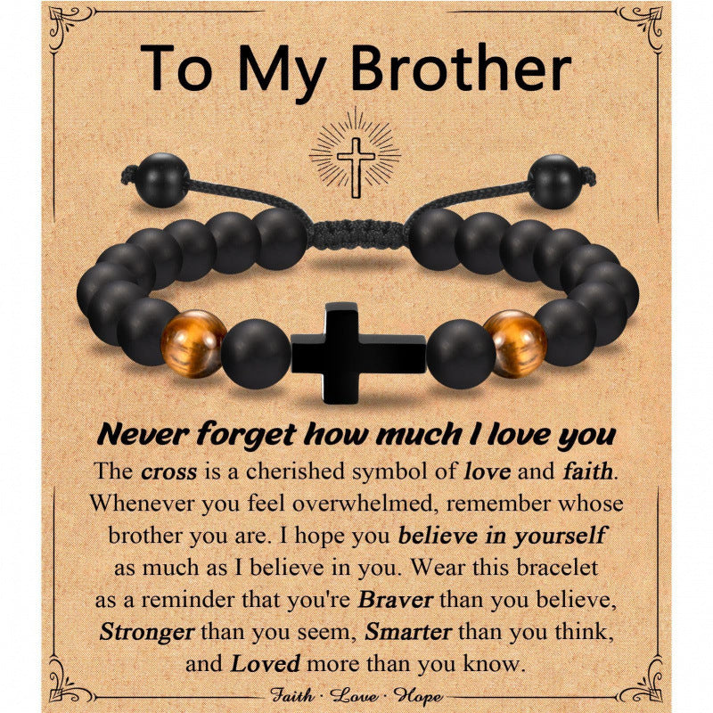 Eastern Mystiques Black Matte Beaded Bracelet Faith Cross Gift Adjustable Black Matte Tiger Eye Stone Cross Bracelet