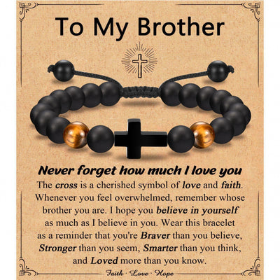 Eastern Mystiques Black Matte Beaded Bracelet Faith Cross Gift Adjustable Black Matte Tiger Eye Stone Cross Bracelet